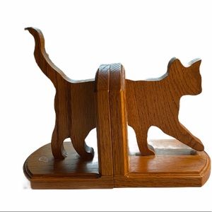 Cat Figure Wooden Brown Book Ends